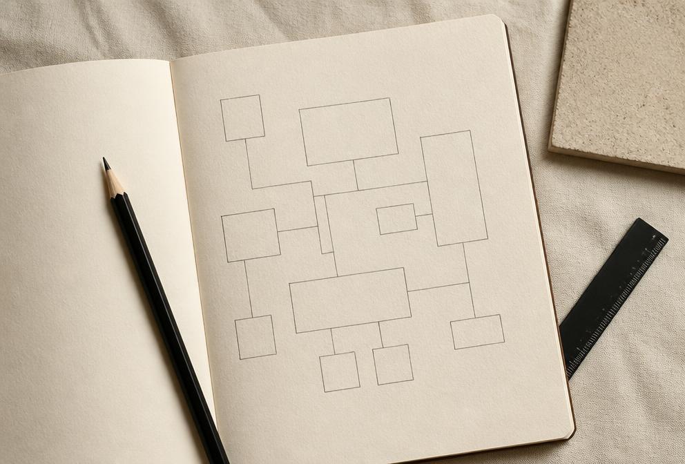 Sketchbook with a minimal project structure diagram