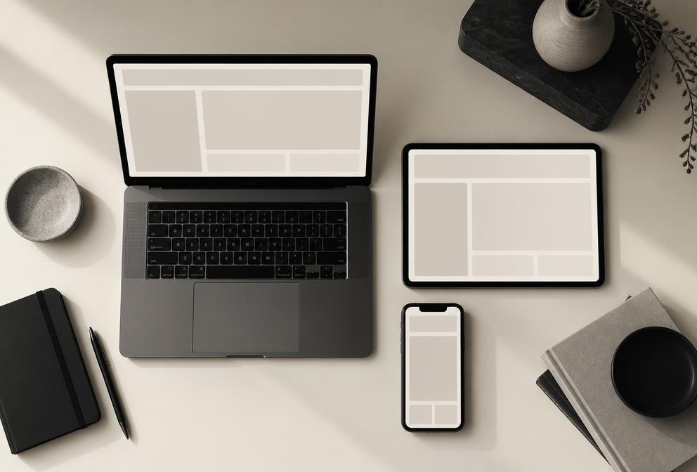 Laptop, tablet and phone arranged for responsive testing