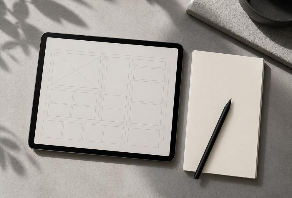 Tablet displaying a monochrome interface wireframe